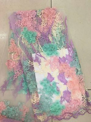 3D Beaded Lace Fabric , Scalloped Multi Color Floral Embroidered Fabric